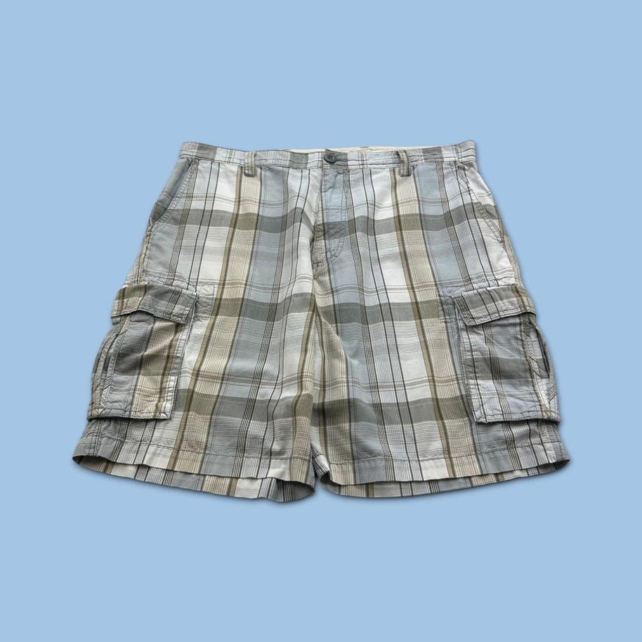 VINTAGE Y2K DOCKERS BAGGY CHECKERED PLAID CARGO SHORTS LIGHT BLUE / CREAM
