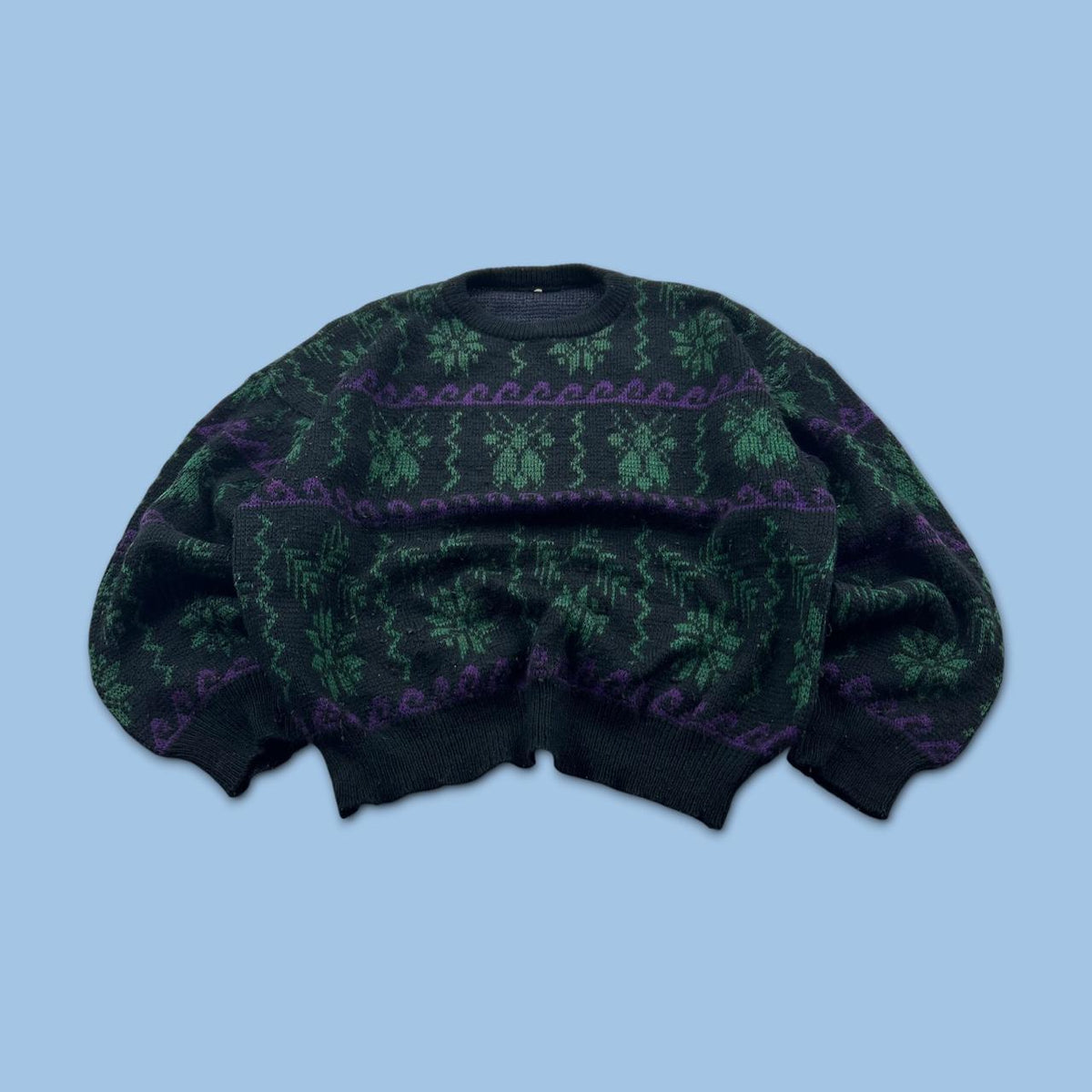 VINTAGE 90s PATTERN KNITTED JUMPER BLACK / GREEN