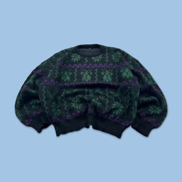 VINTAGE 90s PATTERN KNITTED JUMPER BLACK / GREEN