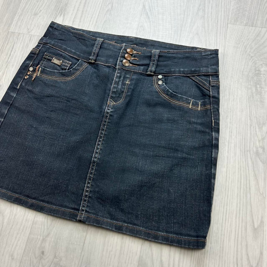 VINTAGE Y2K CACHE CACHE DENIM MINI-MIDI SKIRT BLUE