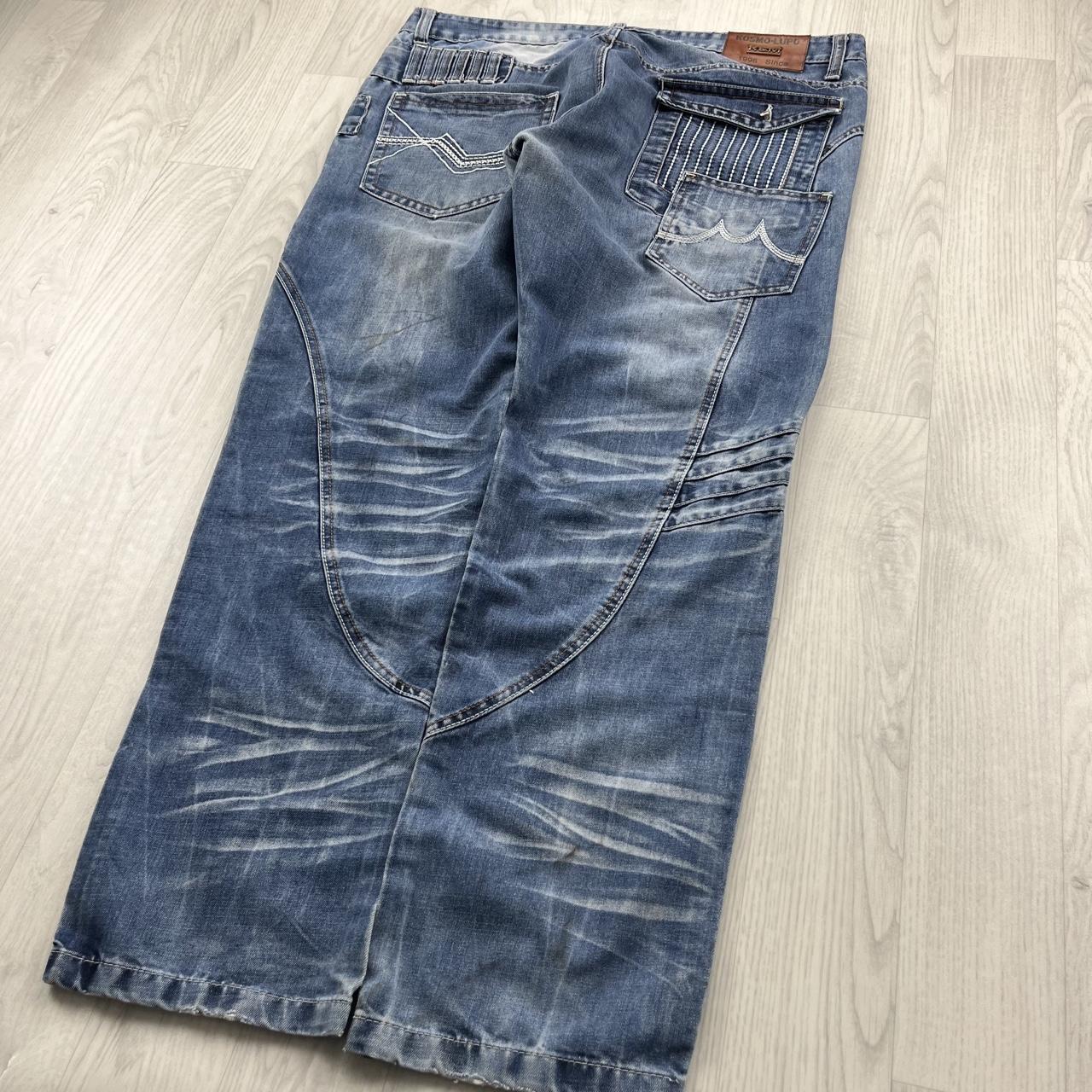 VINTAGE Y2K KOS MO BAGGY EMBROIDERED GRAPHIC JEANS BLUE
