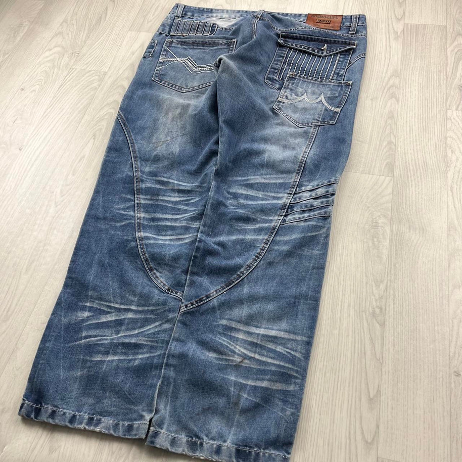 VINTAGE Y2K KOS MO BAGGY EMBROIDERED GRAPHIC JEANS BLUE