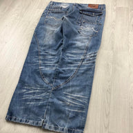 VINTAGE Y2K KOS MO BAGGY EMBROIDERED GRAPHIC JEANS BLUE