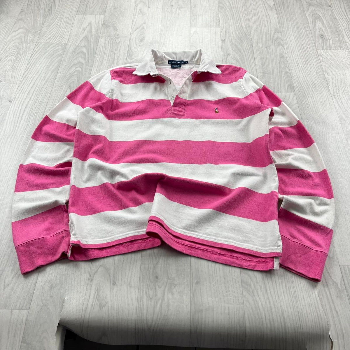 VINTAGE Y2K RALPH LAUREN STRIPED LONG SLEEVE RUGBY POLO SHIRT PINK WHITE