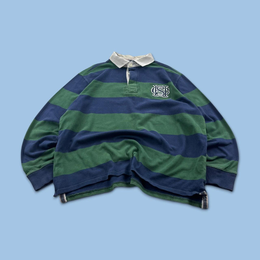 VINTAGE Y2K STRIPED LONG SLEEVE RUGBY POLO SHIRT GREEN / NAVY