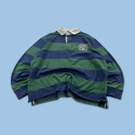 VINTAGE Y2K STRIPED LONG SLEEVE RUGBY POLO SHIRT GREEN / NAVY