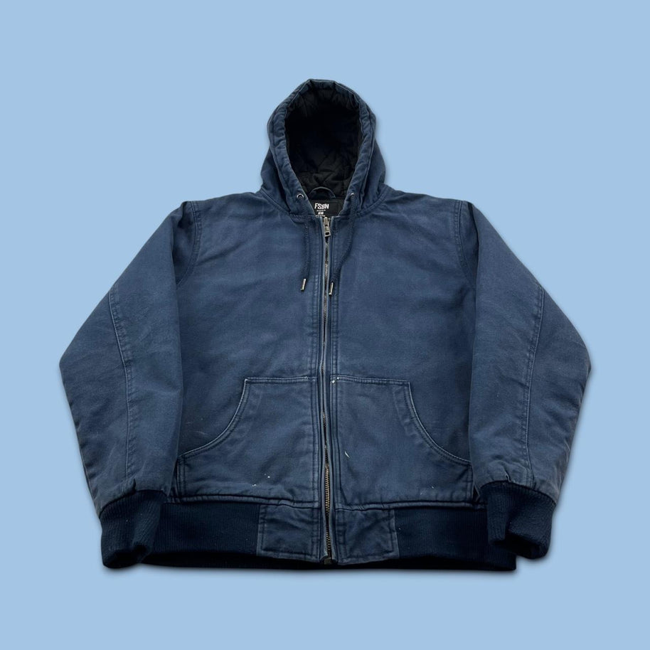 VINTAGE Y2K FISHBONE HOODED WORKWEAR BOMBER JACKET NAVY