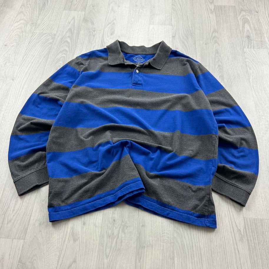 VINTAGE Y2K ST JOHNS BAY STRIPED LONG SLEEVE RUGBY POLO SHIRT GREY / BLUE