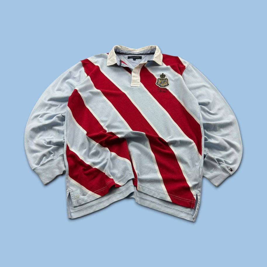 VINTAGE Y2K TOMMY HILFIGER STRIPED LONG SLEEVE RUGBY POLO SHIRT SKY BLUE / RED