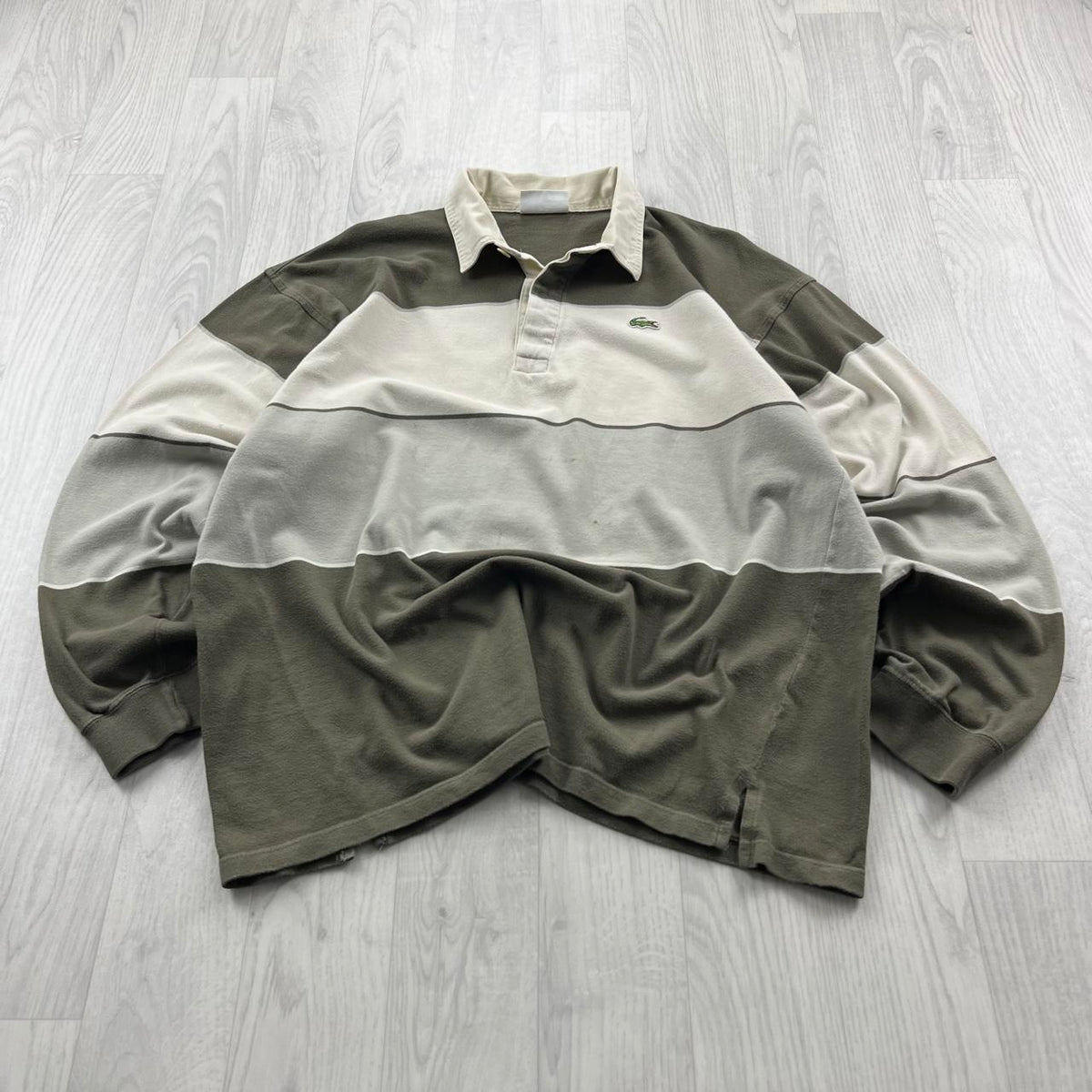 VINTAGE Y2K LACOSTE STRIPED LONG SLEEVE RUGBY POLO SHIRT KHAKI