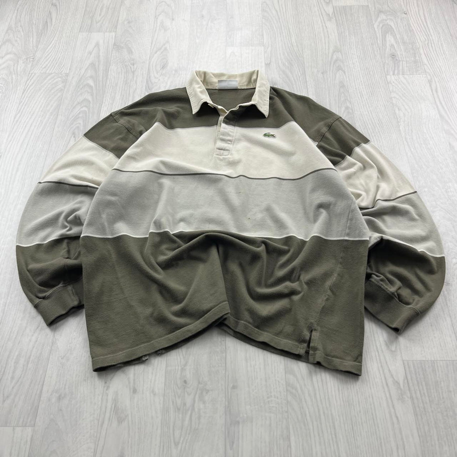 VINTAGE Y2K LACOSTE STRIPED LONG SLEEVE RUGBY POLO SHIRT KHAKI