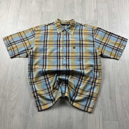 VINTAGE Y2K QUIKSILVER CHECKERED SHORT SLEEVE SHIRT BLUE YELLOW