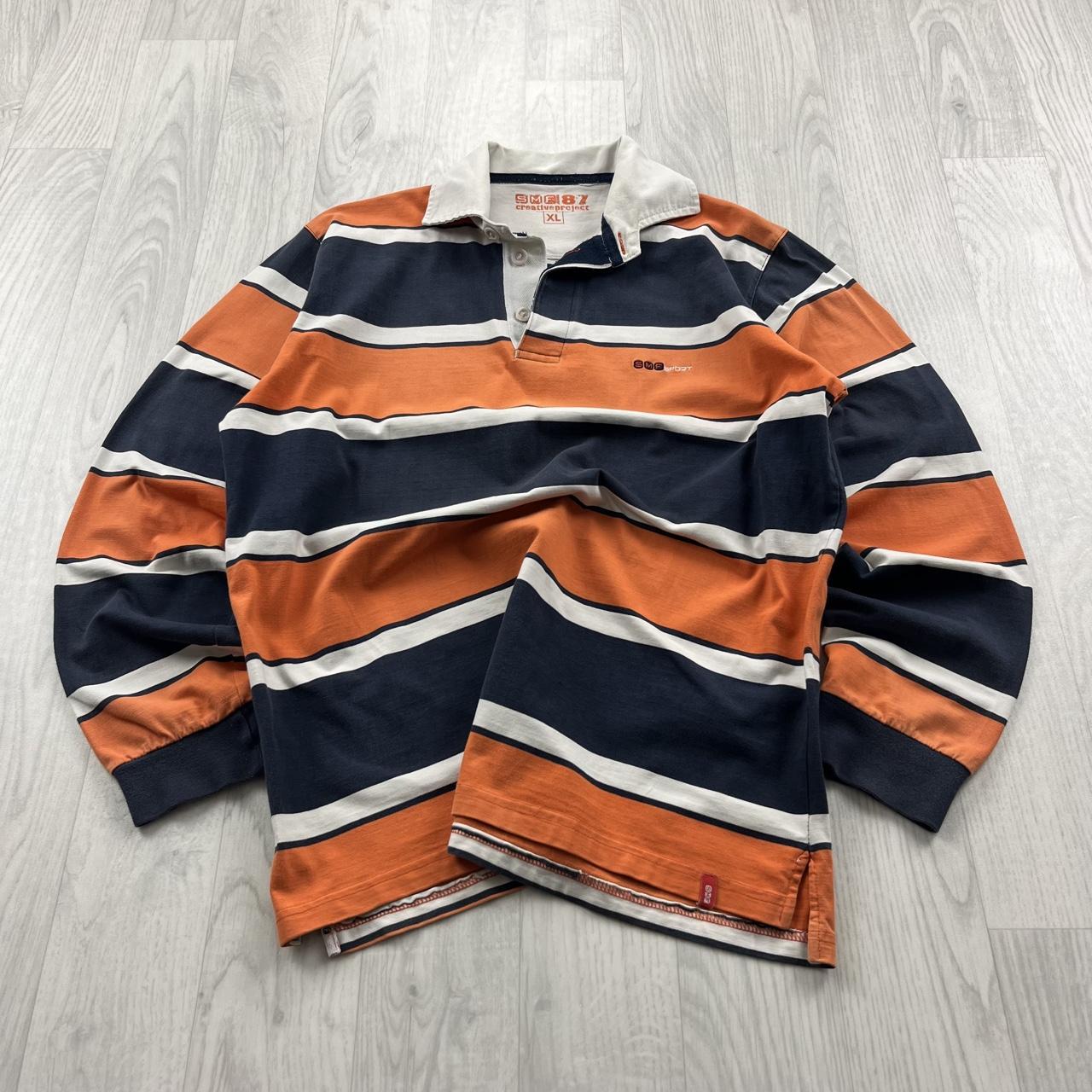 VINTAGE Y2K SMF STRIPED LONG SLEEVE RUGBY POLO SHIRT ORANGE / NAVY