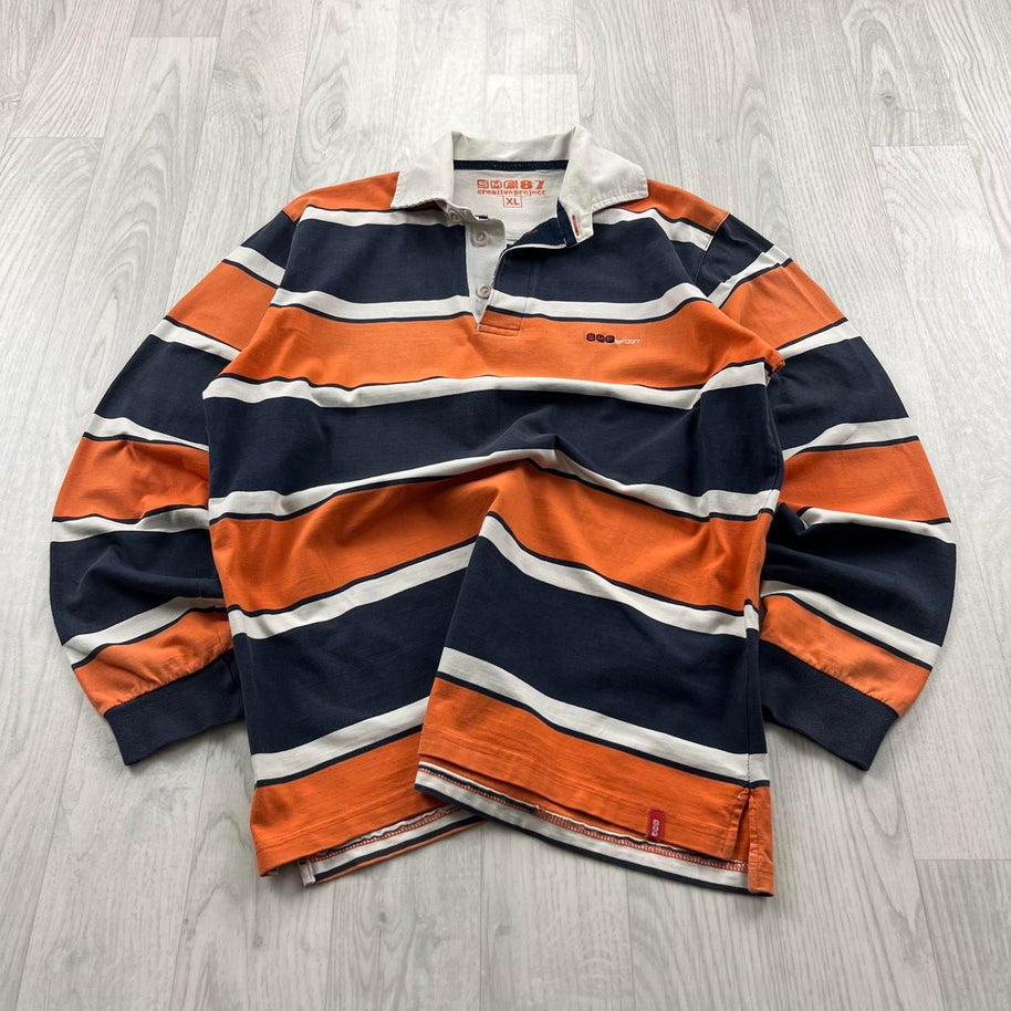 VINTAGE Y2K SMF STRIPED LONG SLEEVE RUGBY POLO SHIRT ORANGE / NAVY