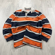 VINTAGE Y2K SMF STRIPED LONG SLEEVE RUGBY POLO SHIRT ORANGE / NAVY