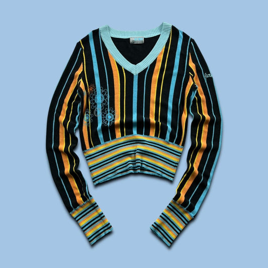 VINTAGE Y2K FUNKY GIRL STRIPED V NECK JUMPER BLACK MULTI