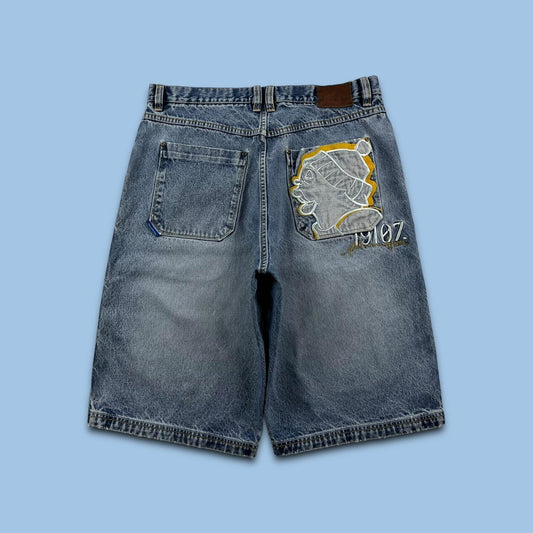 VINTAGE PLATINUM FUBU BAGGY LOOSE SKATER HIP HOP JORTS BLUE (36w)