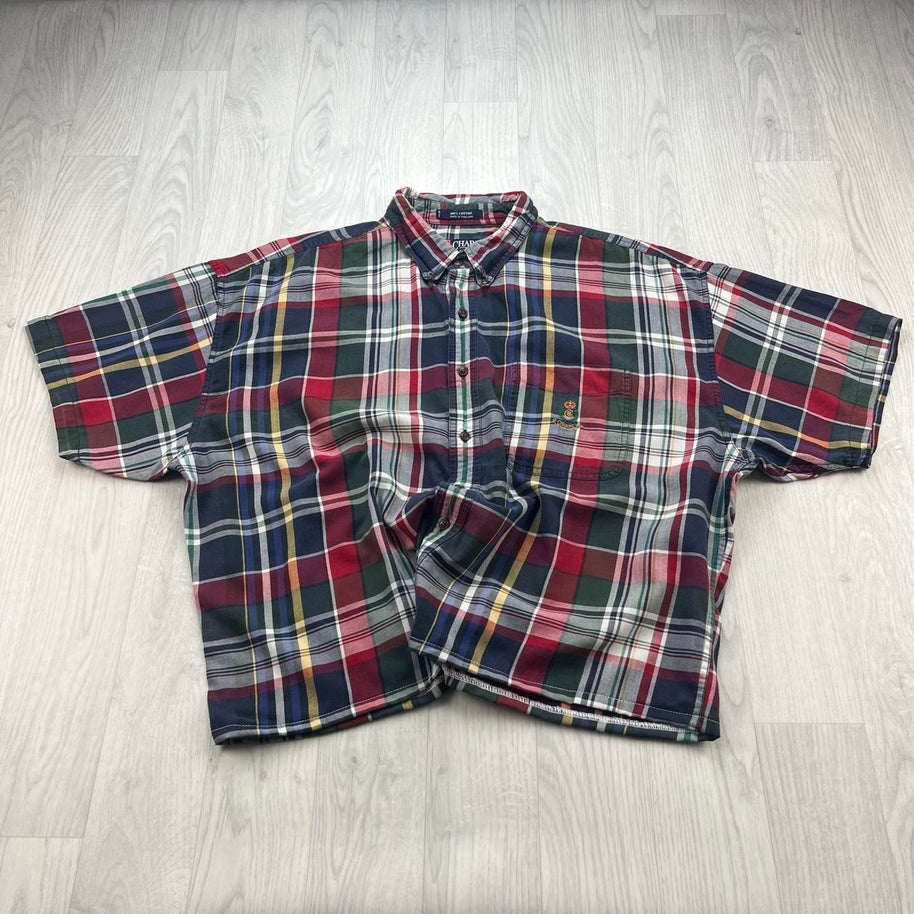 VINTAGE 00s CHAPS CHECKERED CROPPED SHORT SLEEVE BUTTON UP SHIRT RED / MULTI