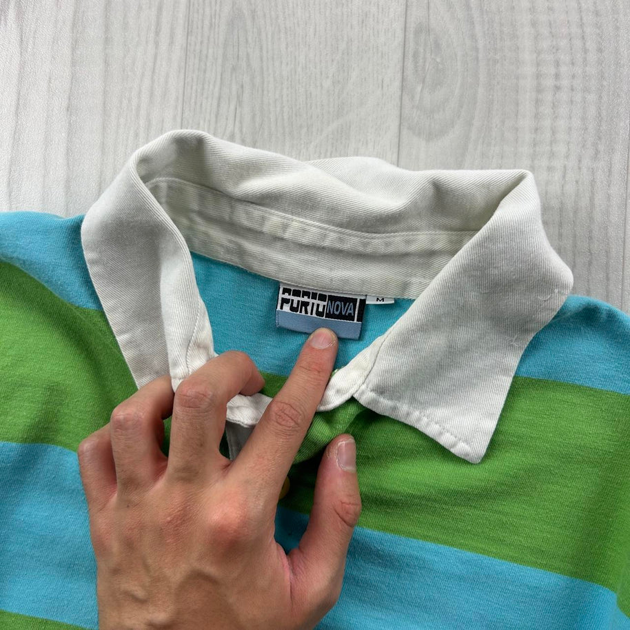 VINTAGE Y2K STRIPED LONG SLEEVE GRAPHIC RUGBY POLO SHIRT GREEN / BLUE