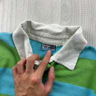 VINTAGE Y2K STRIPED LONG SLEEVE GRAPHIC RUGBY POLO SHIRT GREEN / BLUE
