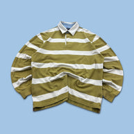 VINTAGE Y2K STRIPED LONG SLEEVE RUGBY POLO SHIRT KHAKI / WHITE