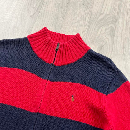 VINTAGE Y2K POLO RALPH LAUREN CHUNKY STRIPED ZIP KNITTED JUMPER NAVY RED