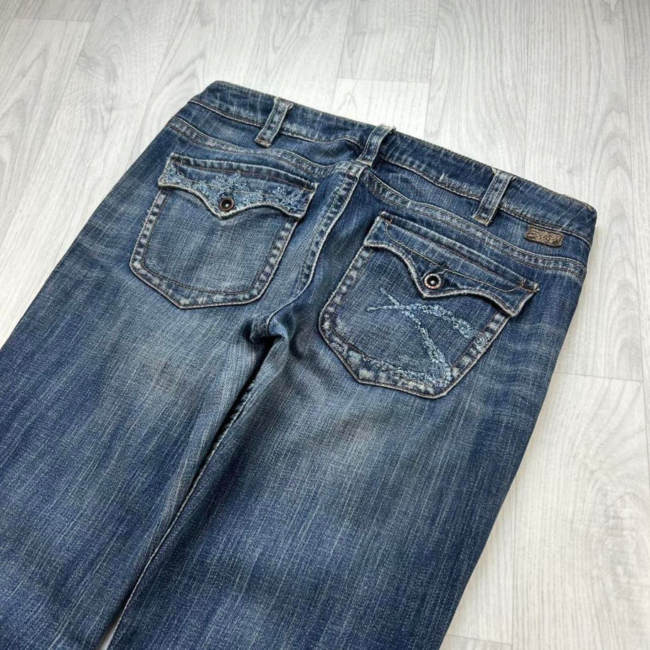 VINTAGE Y2K SILVER LOW RISE BOOTCUT FLARED JEANS NAVY BLUE