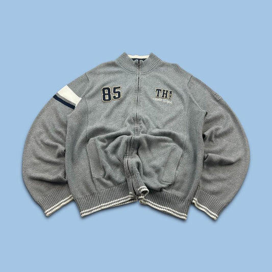 VINTAGE Y2K TOMMY HILFIGER ZIP UP CHUNKY KNITTED JUMPER GREY