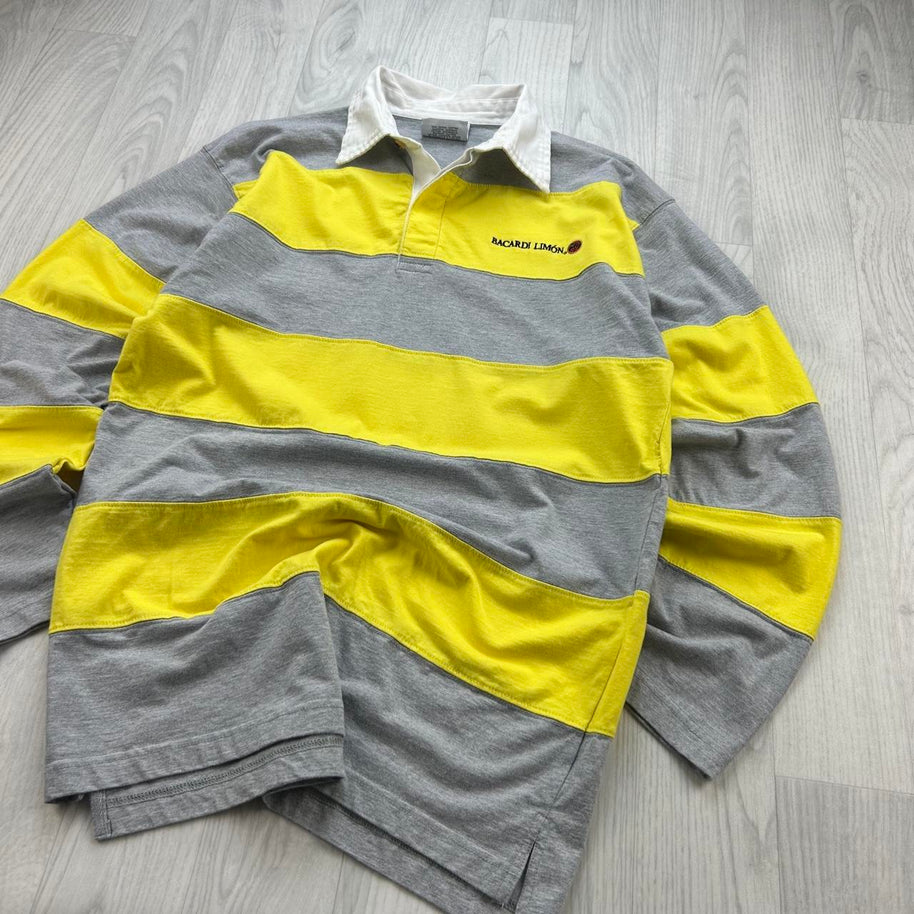VINTAGE Y2K BACARDI STRIPED LONG SLEEVE RUGBY POLO SHIRT YELLOW / GREY
