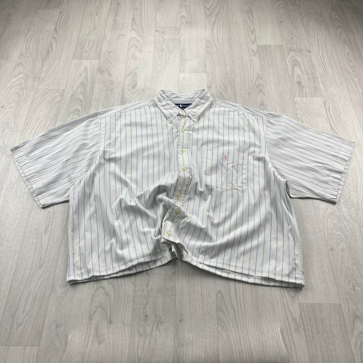 VINTAGE 00s RALPH LAUREN STRIPED CROPPED SHORT SLEEVE BUTTON UP SHIRT WHITE