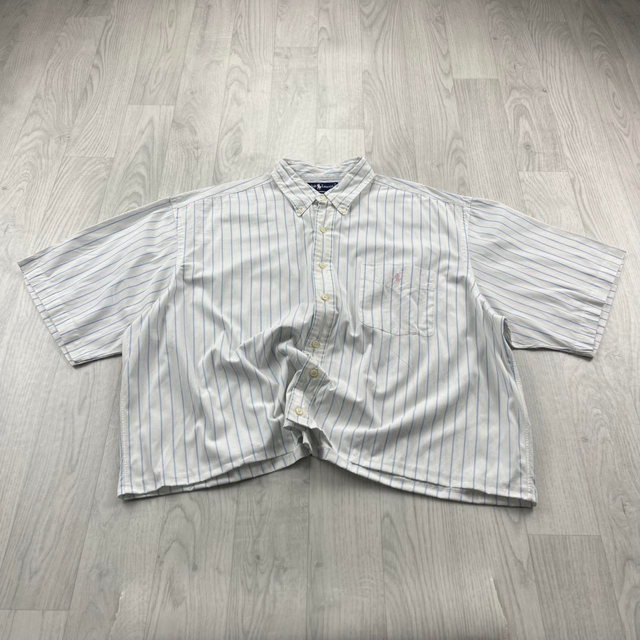 VINTAGE 00s RALPH LAUREN STRIPED CROPPED SHORT SLEEVE BUTTON UP SHIRT WHITE
