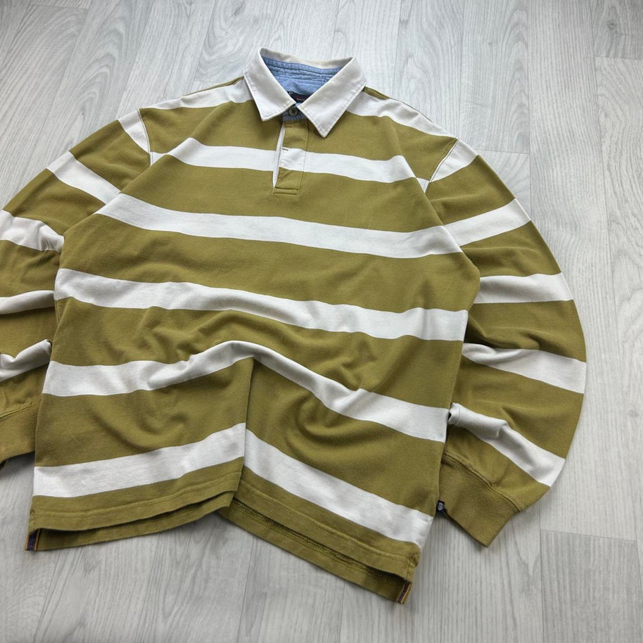 VINTAGE Y2K STRIPED LONG SLEEVE RUGBY POLO SHIRT KHAKI / WHITE
