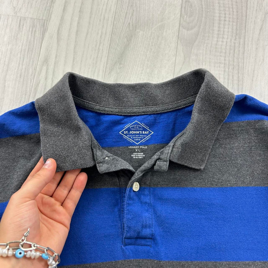 VINTAGE Y2K ST JOHNS BAY STRIPED LONG SLEEVE RUGBY POLO SHIRT GREY / BLUE