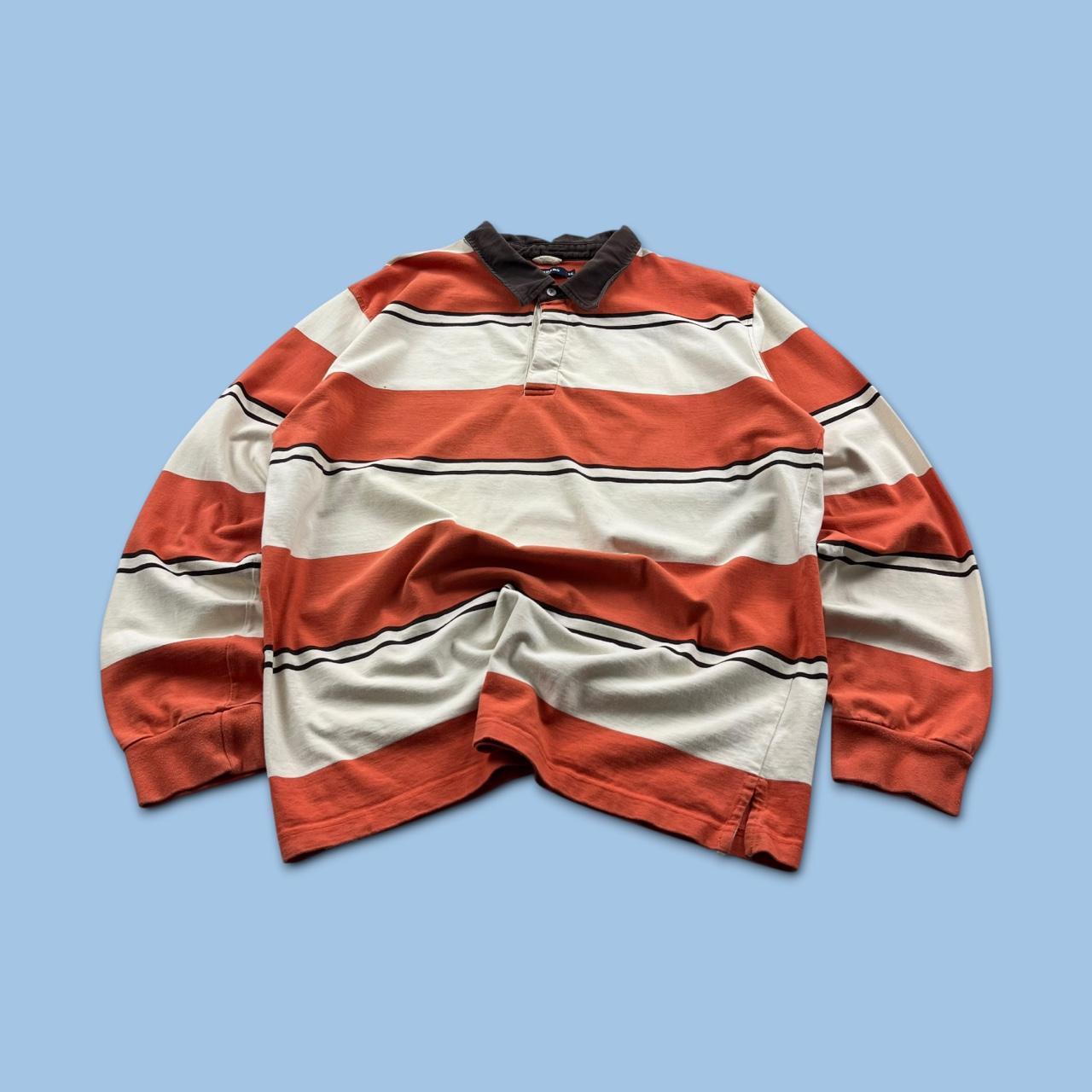 VINTAGE Y2K BARREDS STRIPED LONG SLEEVE RUGBY POLO SHIRT ORANGE