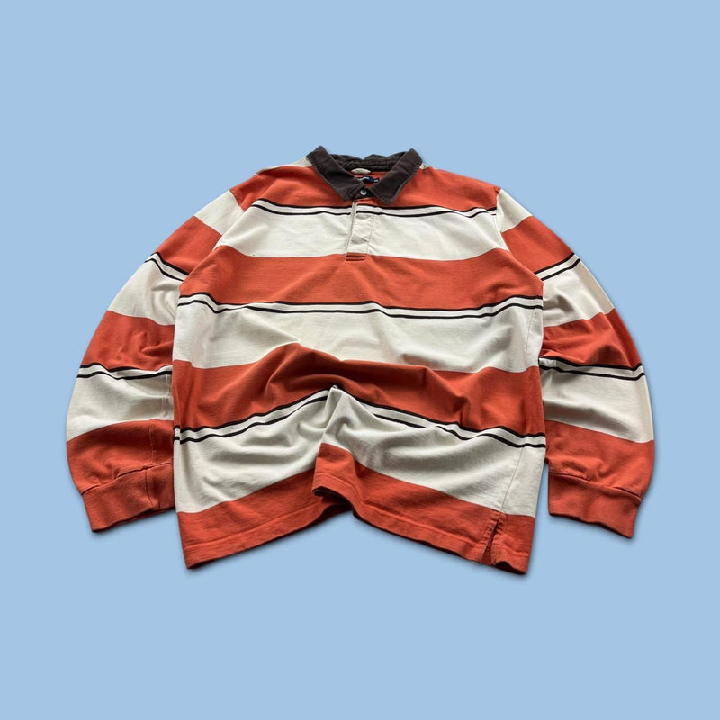 VINTAGE Y2K BARREDS STRIPED LONG SLEEVE RUGBY POLO SHIRT ORANGE