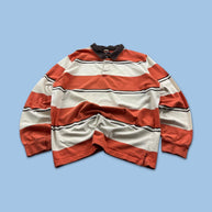 VINTAGE Y2K BARREDS STRIPED LONG SLEEVE RUGBY POLO SHIRT ORANGE