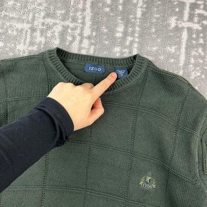 VINTAGE Y2K IZOD PLAID CHUNKY ESSENTIAL KNITTED JUMPER GREEN