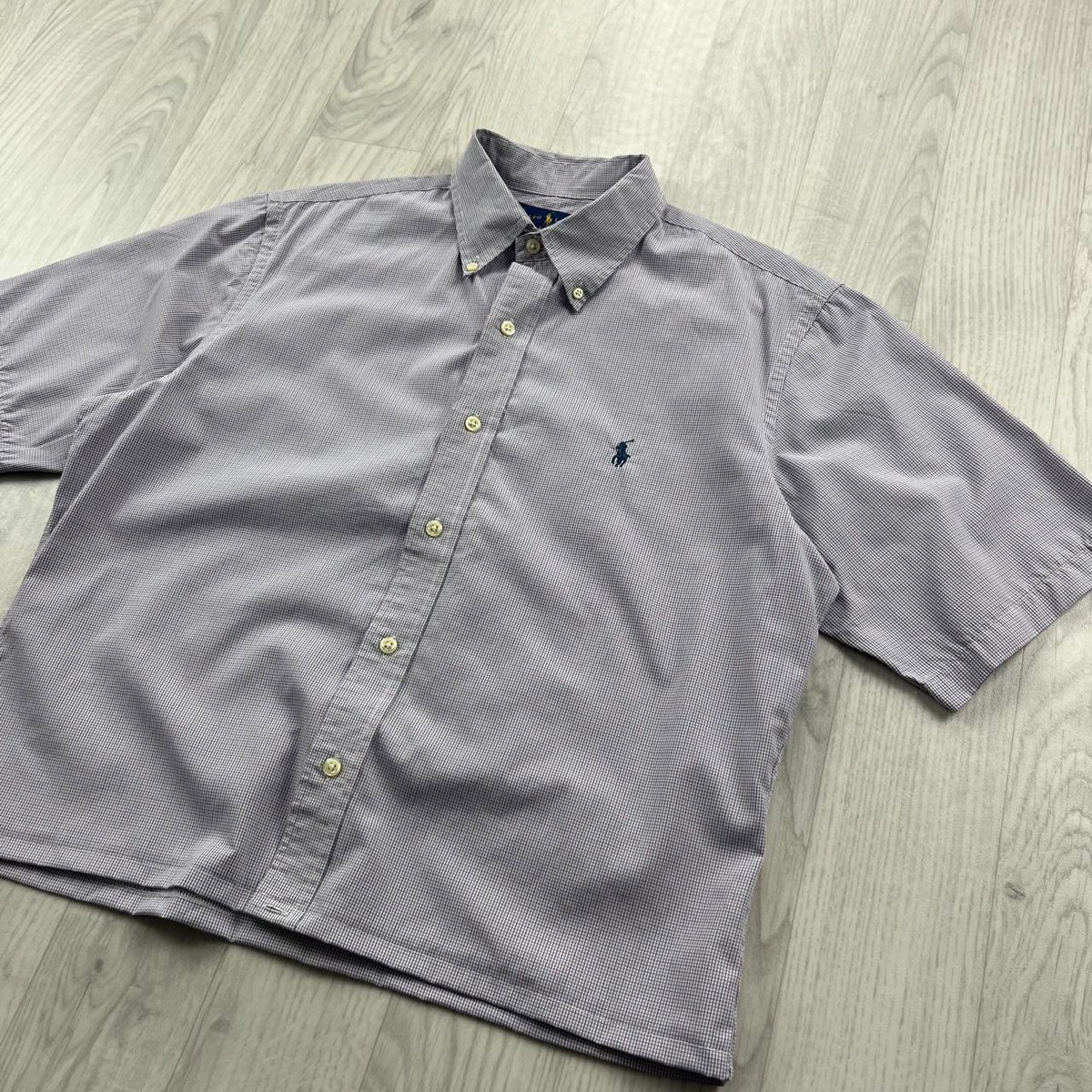 VINTAGE 00s RALPH LAUREN PLAIN CROPPED SHORT SLEEVE BUTTON UP SHIRT LILAC