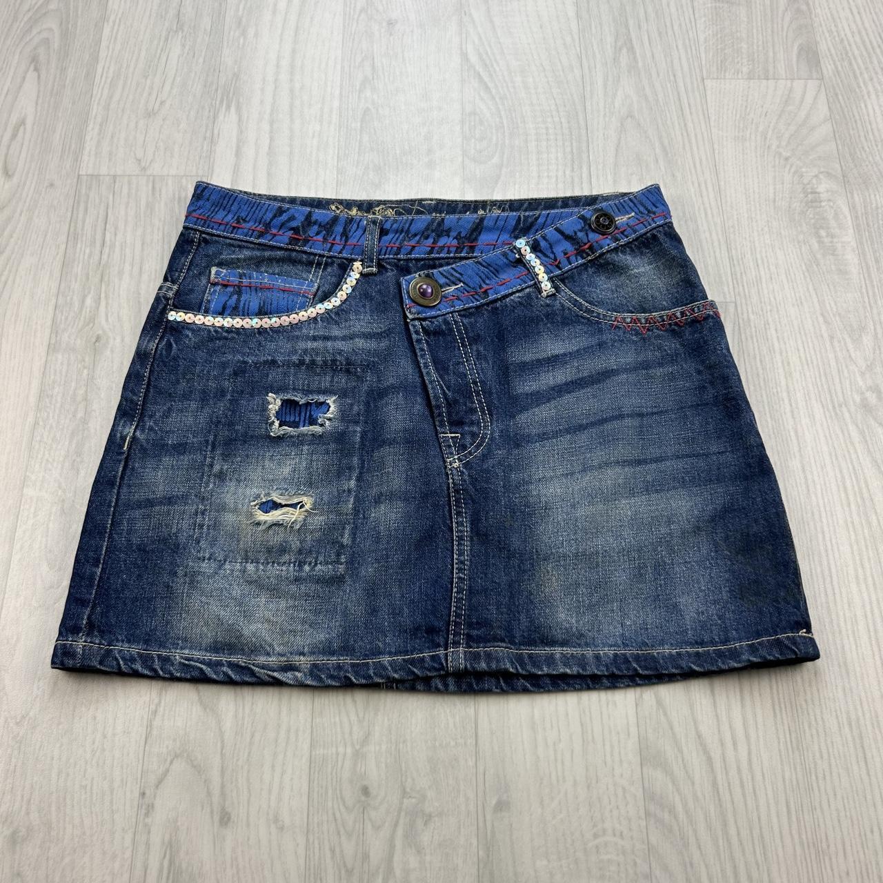 VINTAGE Y2K DESIGUAL DENIM ASYMMETRIC MINI SKIRT BLUE
