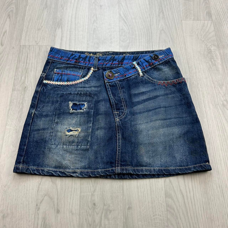 VINTAGE Y2K DESIGUAL DENIM ASYMMETRIC MINI SKIRT BLUE