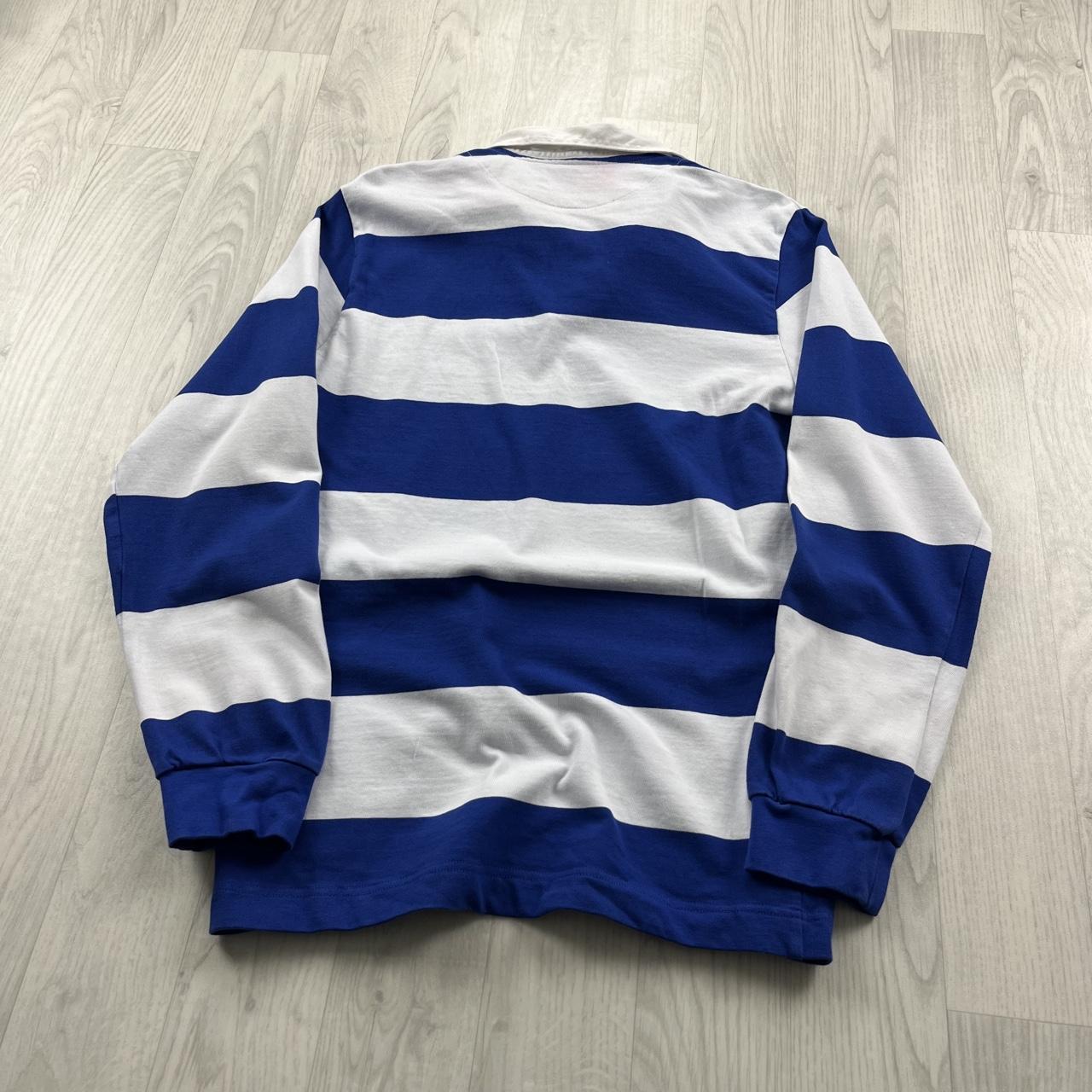 VINTAGE Y2K STRIPED LONG SLEEVE RUGBY POLO SHIRT WHITE / BLUE