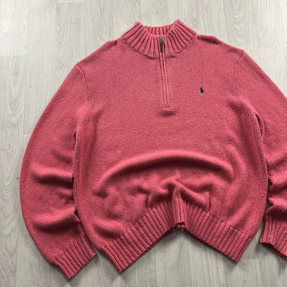 VINTAGE Y2K POLO RALPH LAUREN CHUNKY QUARTER ZIP KNITTED JUMPER PINK