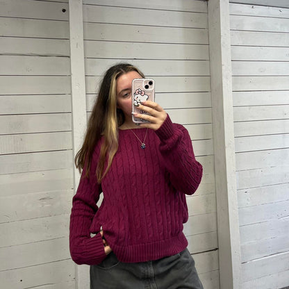 VINTAGE Y2K POLO RALPH LAUREN CHUNKY CABLE KNITTED JUMPER BURGUNDY