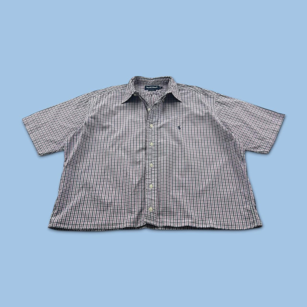 VINTAGE 00s RALPH LAUREN CHECKERED CROPPED SHORT SLEEVE BUTTON UP SHIRT PURPLE