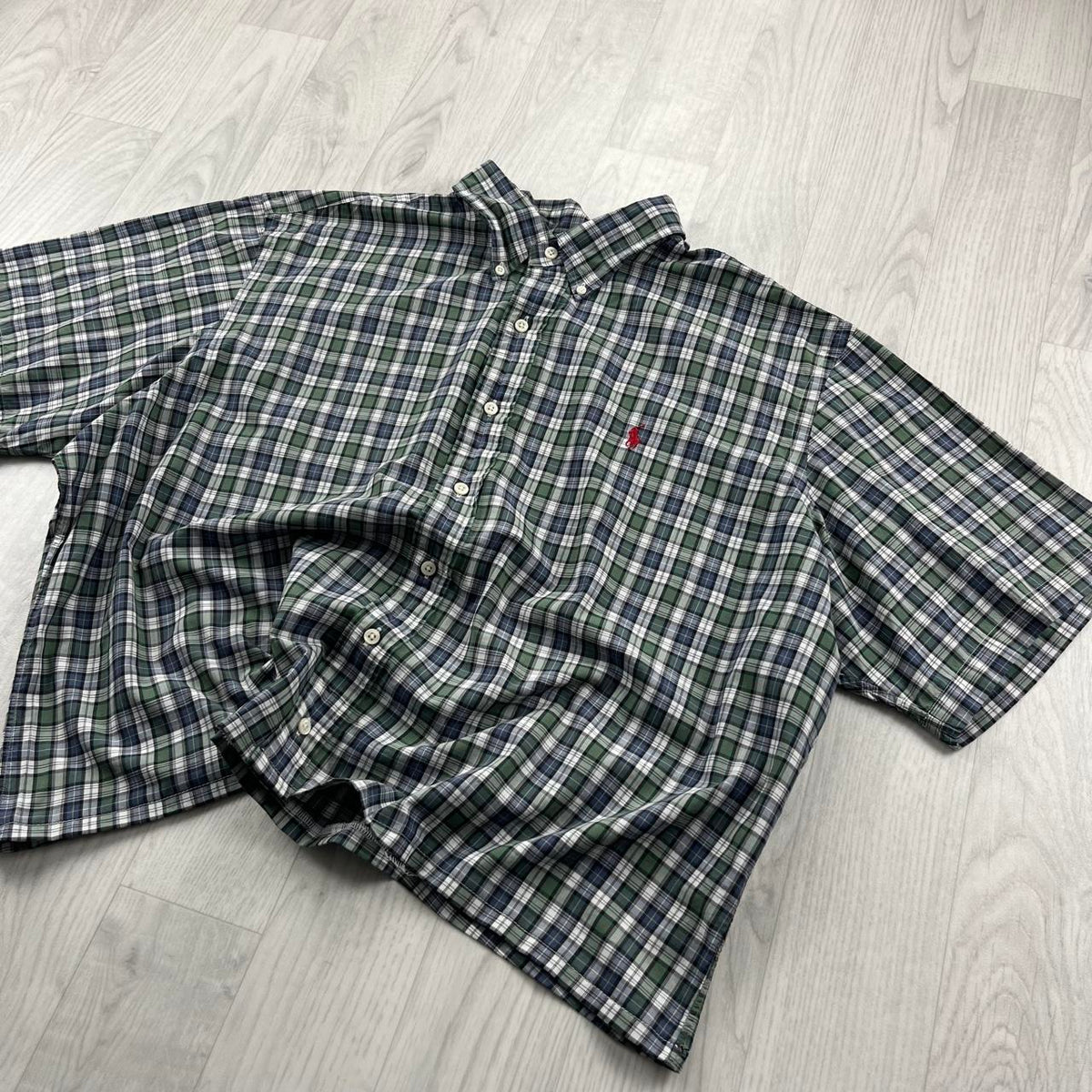 VINTAGE 00s RALPH LAUREN CHECKERED CROPPED SHORT SLEEVE BUTTON UP SHIRT GREEN