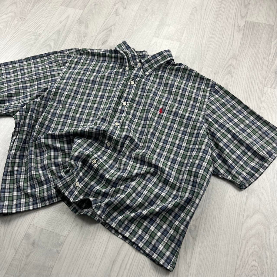 VINTAGE 00s RALPH LAUREN CHECKERED CROPPED SHORT SLEEVE BUTTON UP SHIRT GREEN