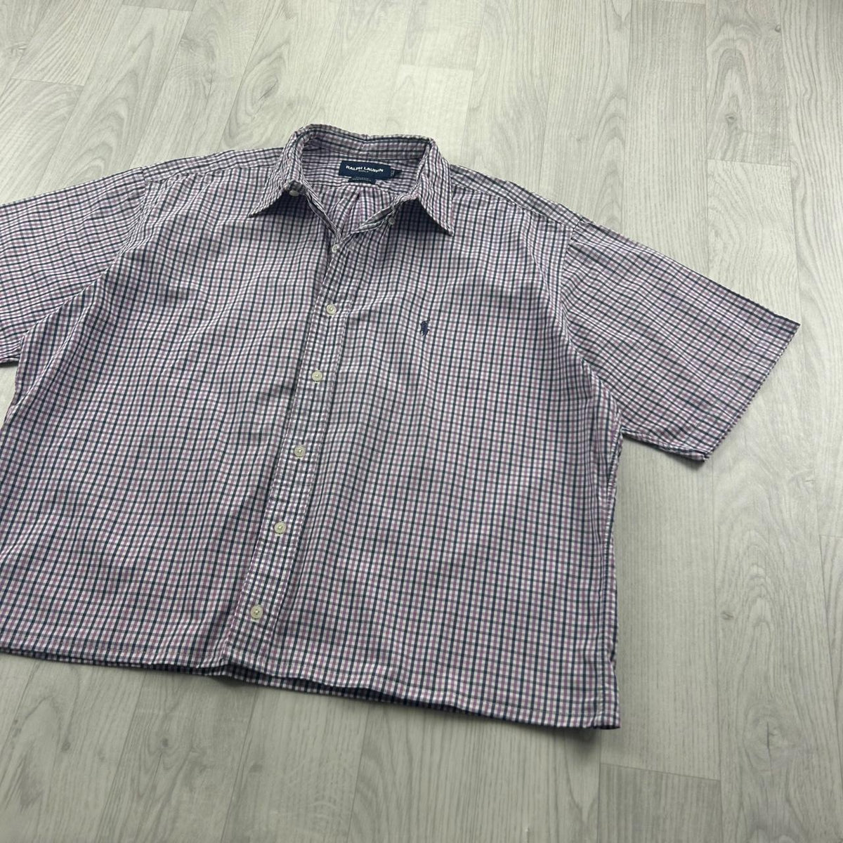 VINTAGE 00s RALPH LAUREN CHECKERED CROPPED SHORT SLEEVE BUTTON UP SHIRT PURPLE
