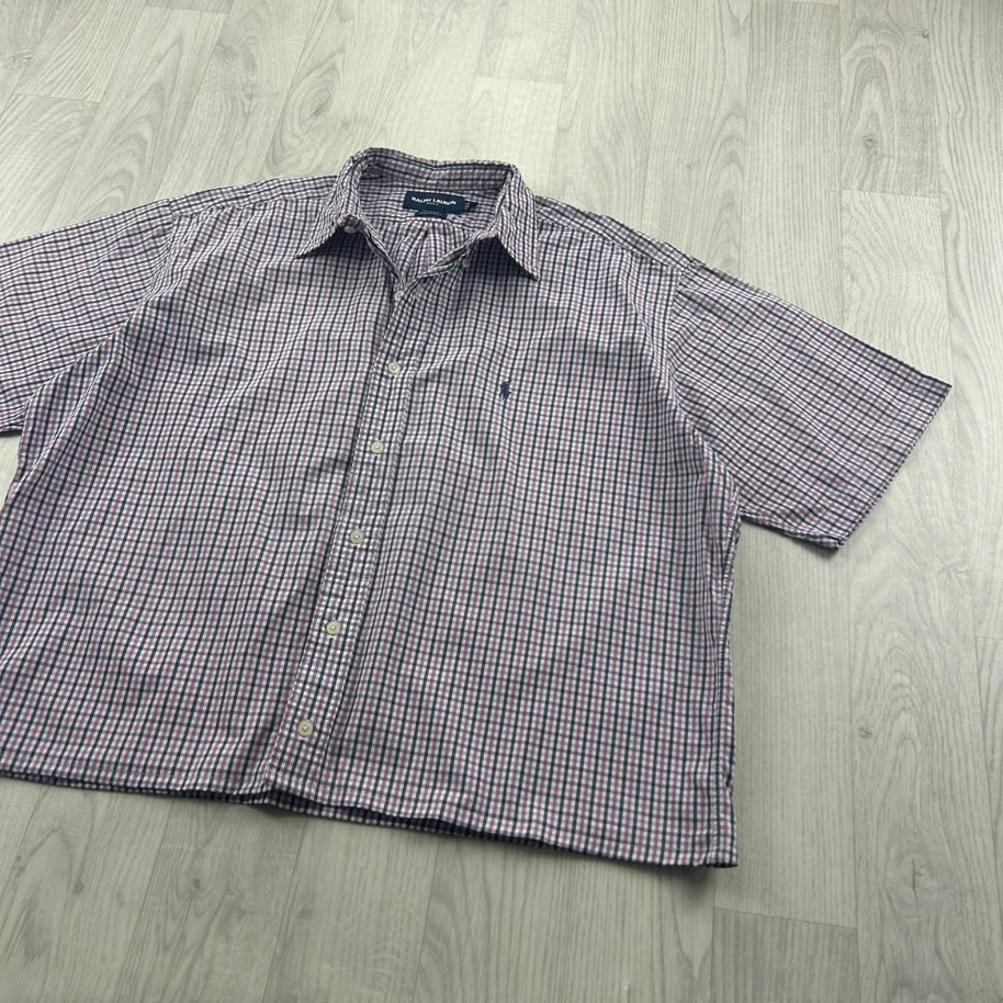 VINTAGE 00s RALPH LAUREN CHECKERED CROPPED SHORT SLEEVE BUTTON UP SHIRT PURPLE