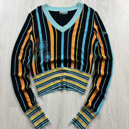 VINTAGE Y2K FUNKY GIRL STRIPED V NECK JUMPER BLACK MULTI