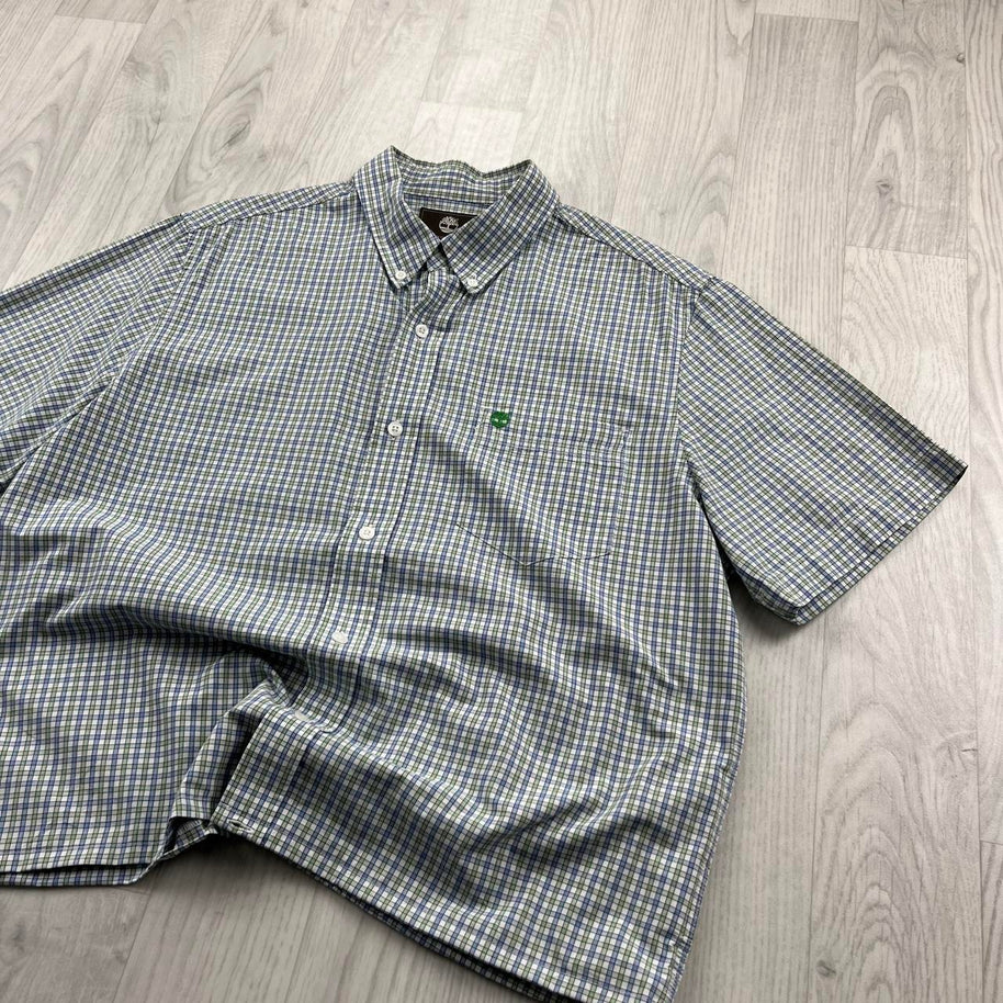 VINTAGE 00s TIMBERLAND CHECKERED CROPPED SHORT SLEEVE BUTTON UP SHIRT GREEN